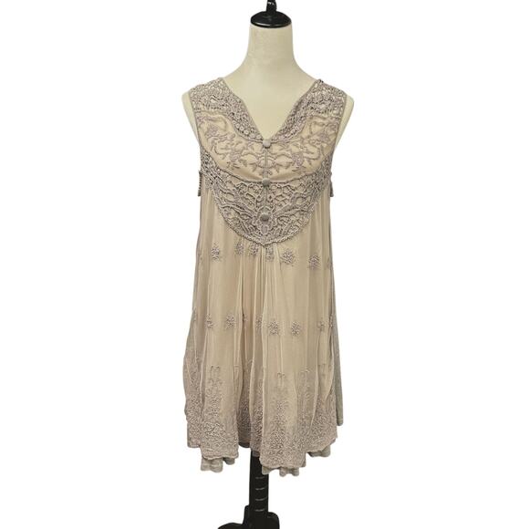 Cottagecore Boho Mesh Lace Dress M Taupe Ruffle Hem Layering - Picture 1 of 8